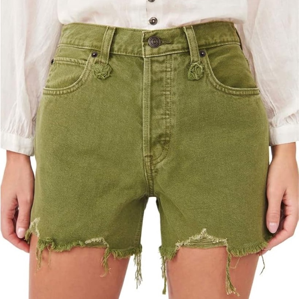 Free People Makai Cut Off Denim Shorts in Olive Green - 26